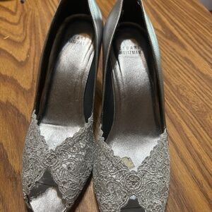 Stuart Whitman silver lace shoes with rhinestones
